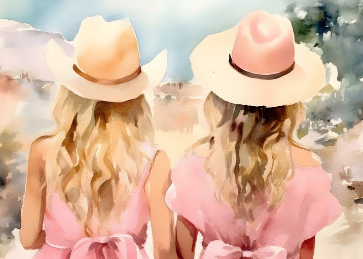 Two Girls in Cowboy Hats and Pink Dresses