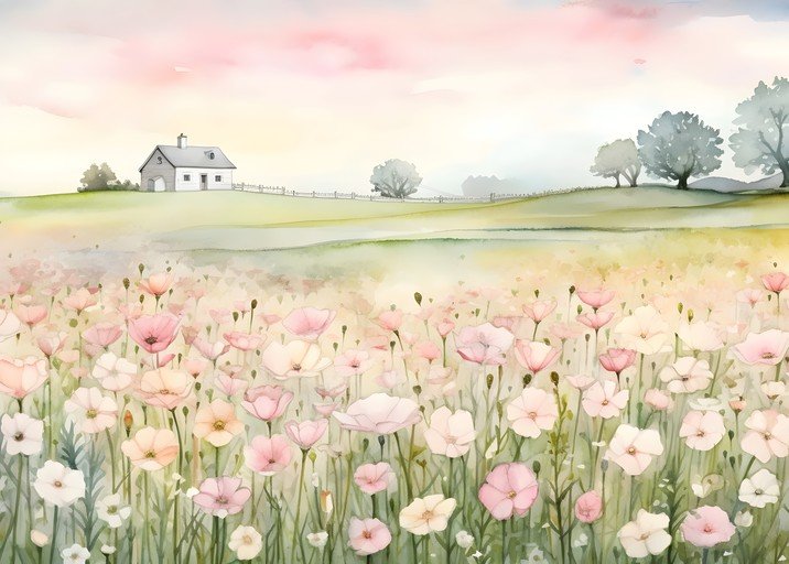 Watercolor Meadow with Poppies and Farmhouse