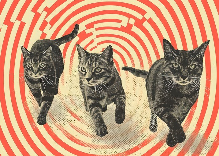 Three Tabby Cats in Motion with Retro Background
