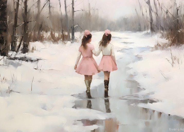 Two Girls in Pink Dresses Walking in Snowy Woods