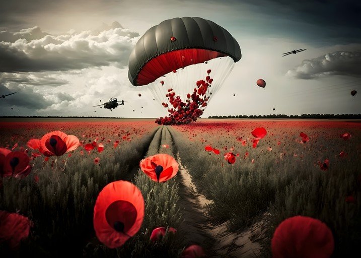 Parachute Drops Hearts Over Poppy Field with Aircraft