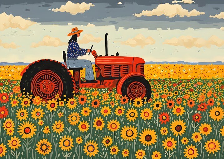 Farmer Driving Tractor Through Sunflower Field