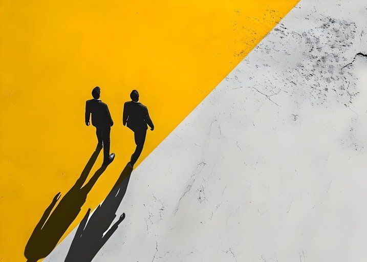 Two Silhouetted Figures Walk Across Yellow and White Surface