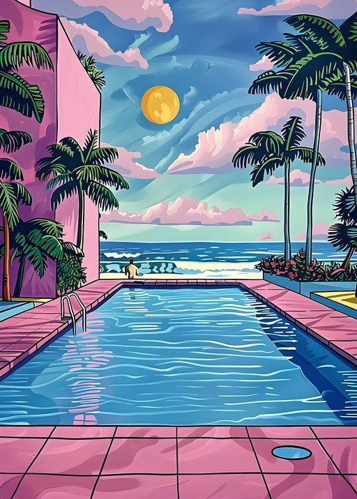 Retro Miami Beach Poolside Scene with Ocean View