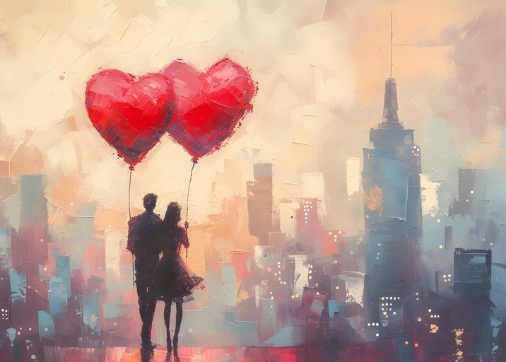 Couple with Heart Balloons Over Cityscape