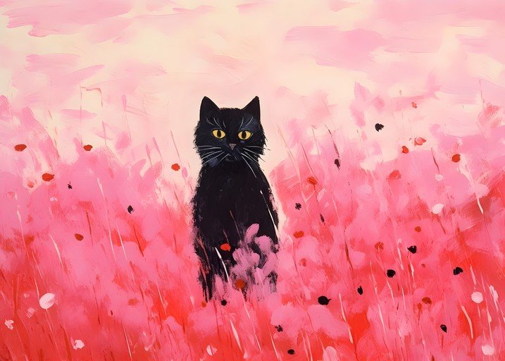 Black Cat in Pink Field Painting