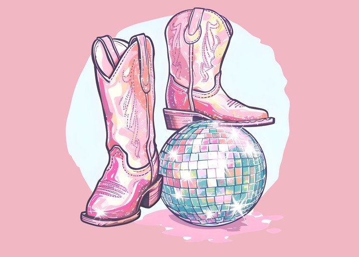 Pink Cowboy Boots and Disco Ball Illustration