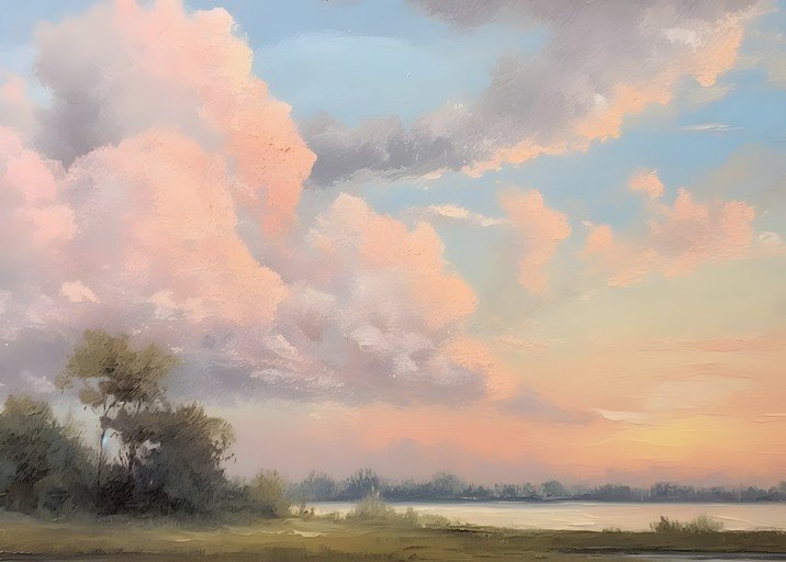 Pastel Clouds Over Serene Landscape Painting