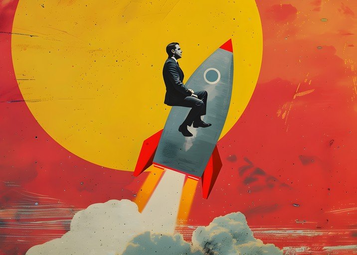 Businessman Ascends on Rocket Amidst Vibrant Abstract Background