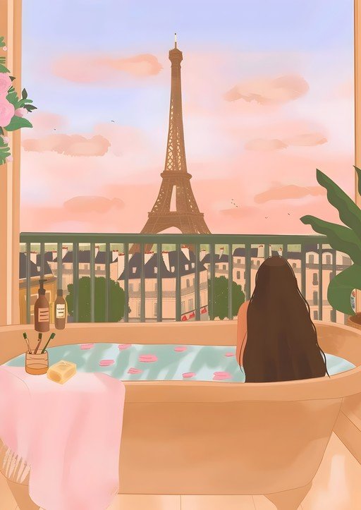 Woman Bathes with Eiffel Tower View at Sunset