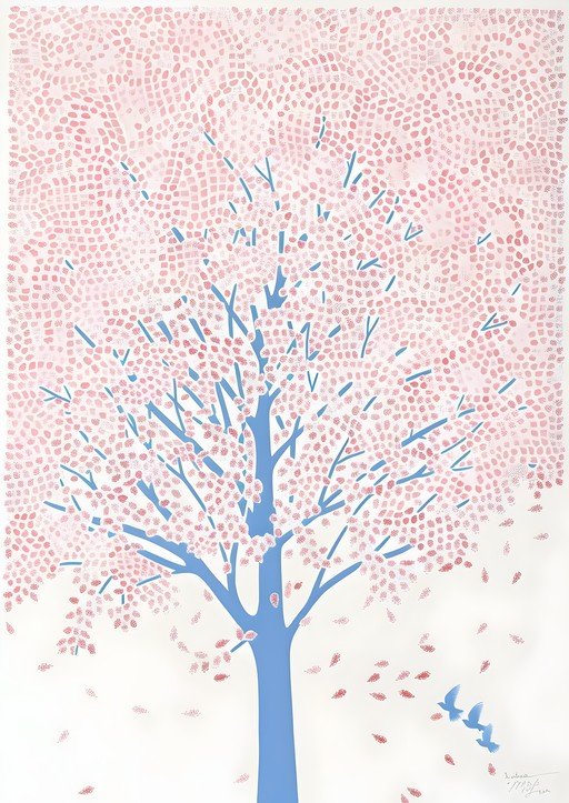 Stylized Cherry Blossom Tree with Birds