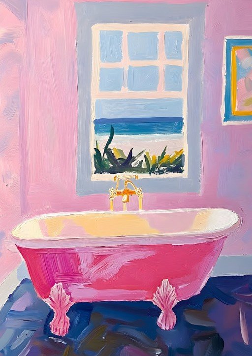 Vibrant Pink Bathtub with Ocean View Painting