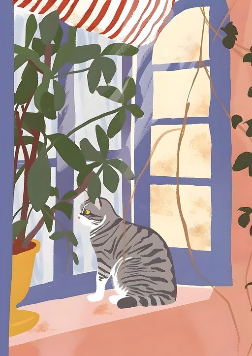 Cat Sitting by Window with Potted Plant