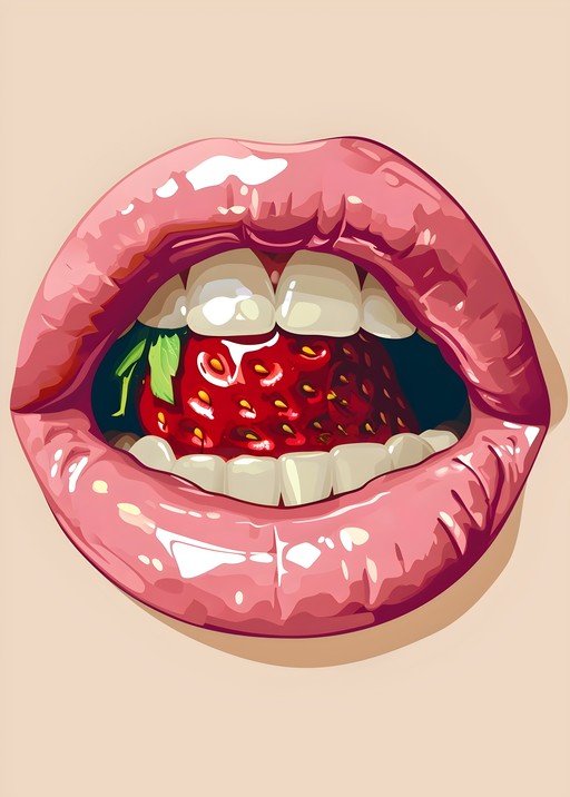 Sensual Lips Biting into Juicy Strawberry
