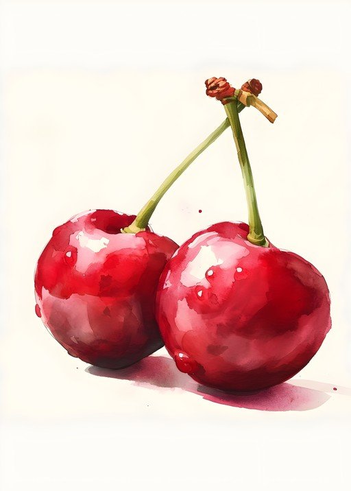 Watercolor Painting of Two Ripe Cherries