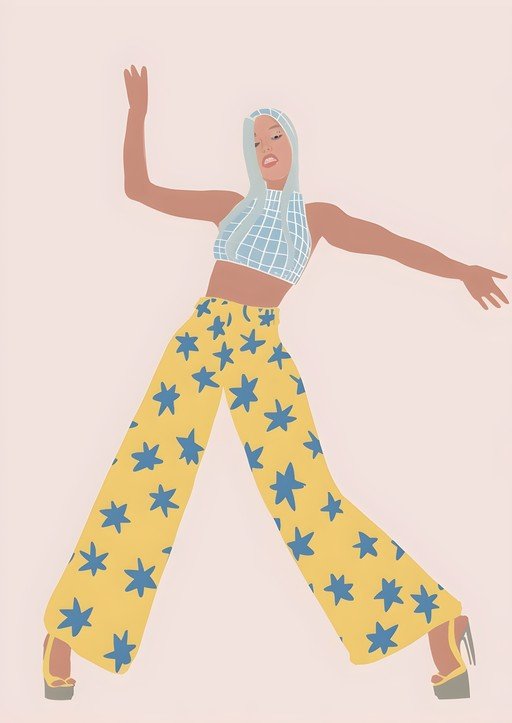 Woman in Starry Pants and Grid Top