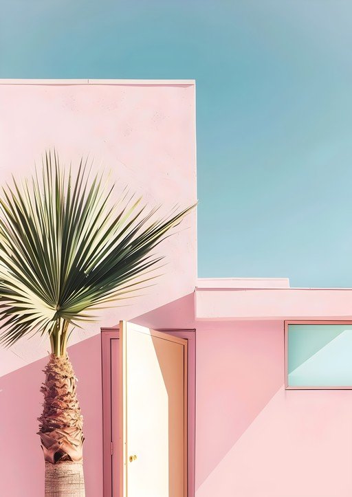 Pink Modern Architecture with Palm Tree and Open Door