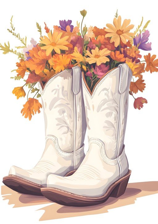 White Cowboy Boots Filled with Autumn Flowers