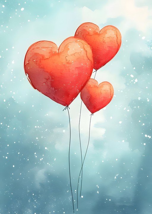 Watercolor Heart Balloons Floating in a Dreamy Sky