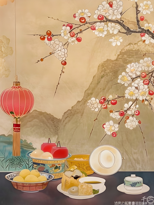 Traditional Chinese Tea Ceremony with Plum Blossoms and Lantern