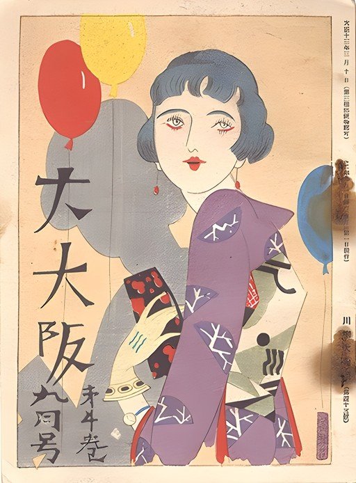 Art Deco Japanese Woman with Balloons Poster