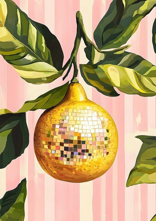 Disco Lemon with Green Leaves on Pink Stripes