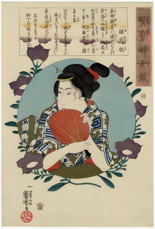 Japanese Woman with Fan and Flowers