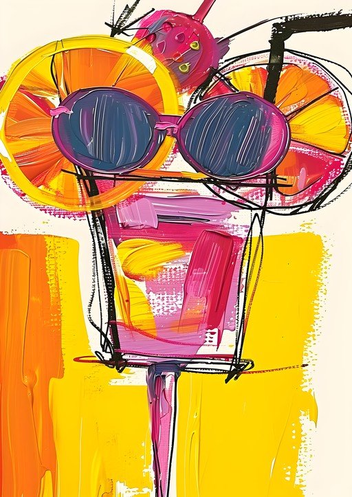 Vibrant Abstract Cocktail with Sunglasses and Citrus