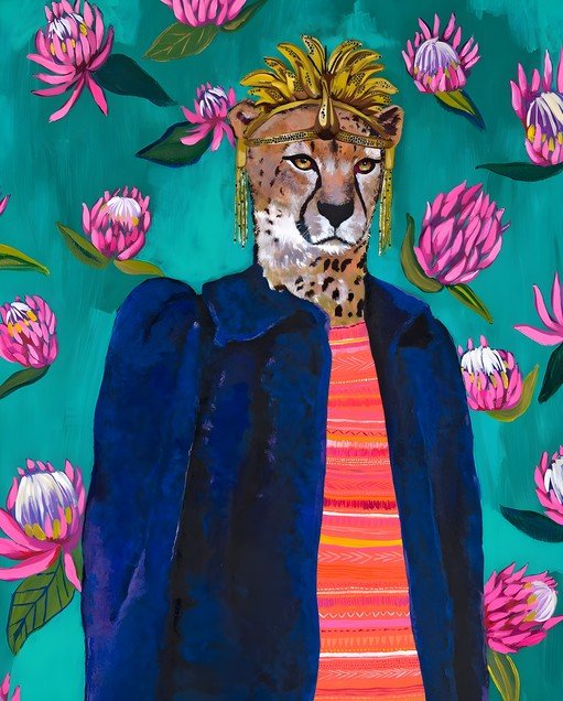 Cheetah in Royal Attire Surrounded by Pink Protea Flowers