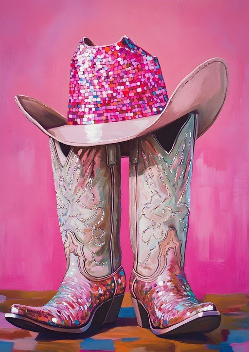 Sparkling Cowboy Boots and Hat on Pink Background