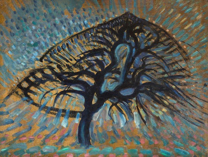 Abstract Tree Painting with Golden and Blue Hues