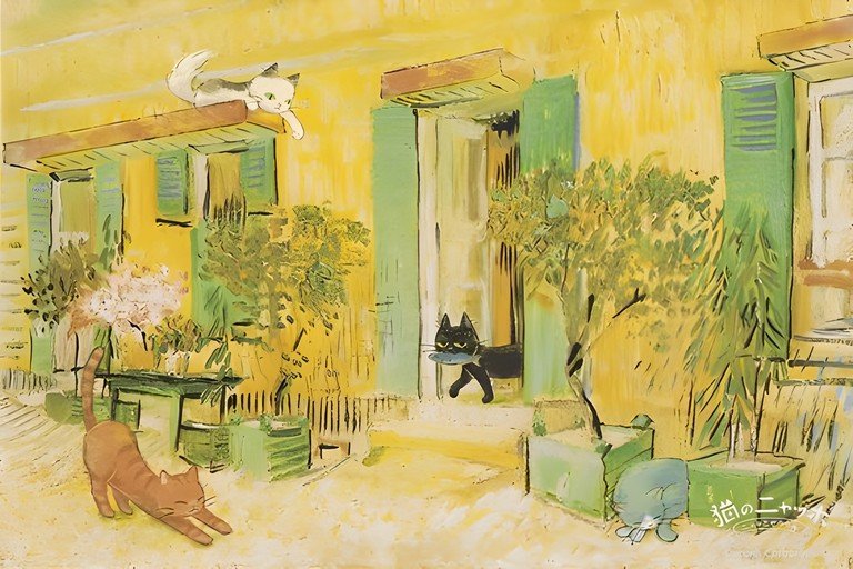 Whimsical Cats in a Van Gogh-Inspired Courtyard