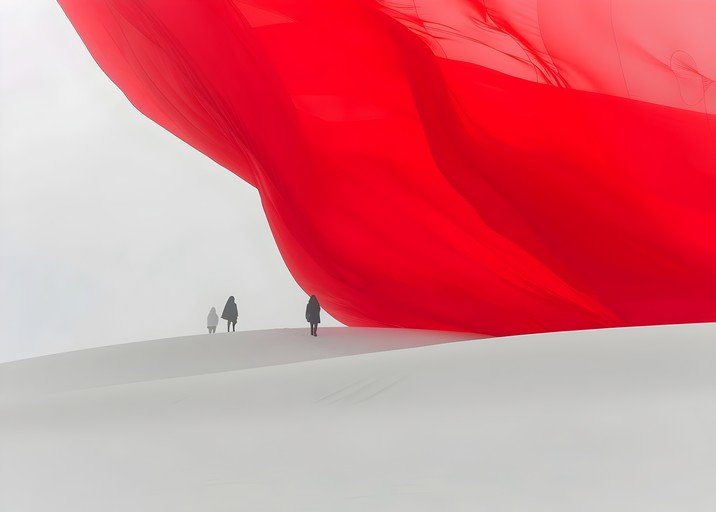 Vast Red Fabric and Tiny Figures in a Minimalist Landscape