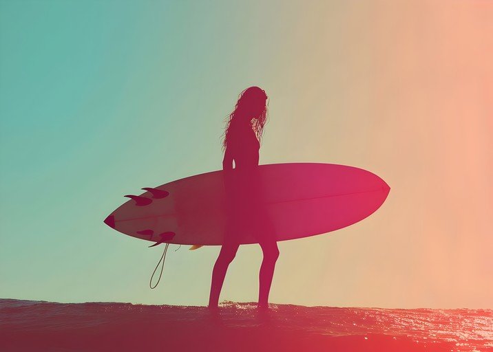 Surfer Girl Silhouette at Sunset with Surfboard