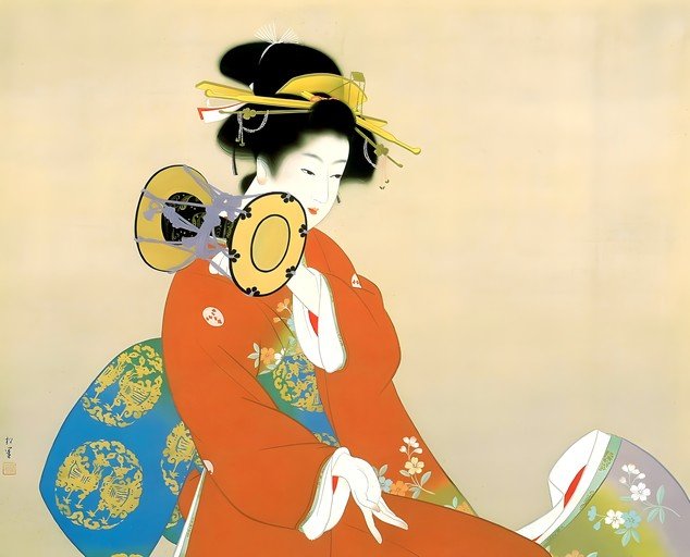 Geisha Playing a Drum in Traditional Japanese Art