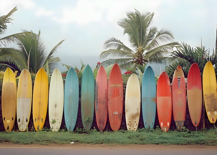 Colorful Surfboards Lined Up Against Tropical Foliage