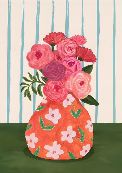 Vibrant Floral Arrangement in Patterned Vase