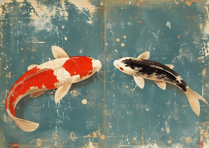 Two Koi Fish in Textured Teal Water