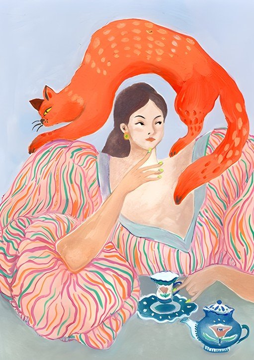 Woman with Orange Cat and Tea Set