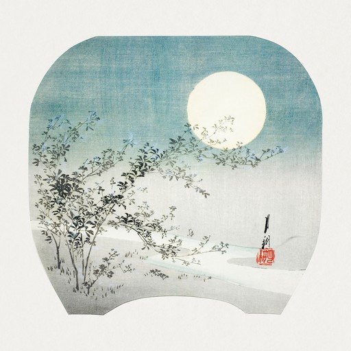 Japanese Woodblock Print of Moonlit Night with Flowering Tree