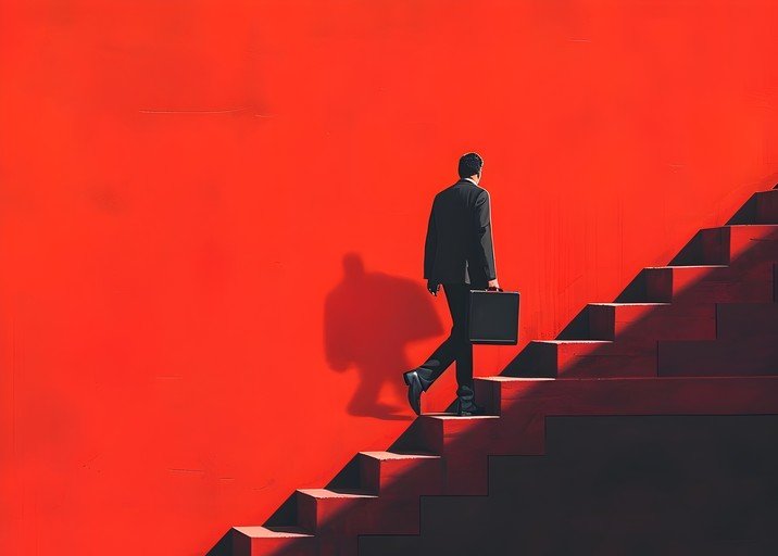 Businessman Ascends Red Staircase in Dramatic Lighting