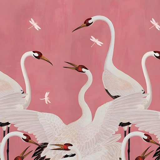 Elegant Cranes and Dragonflies on Pink Background