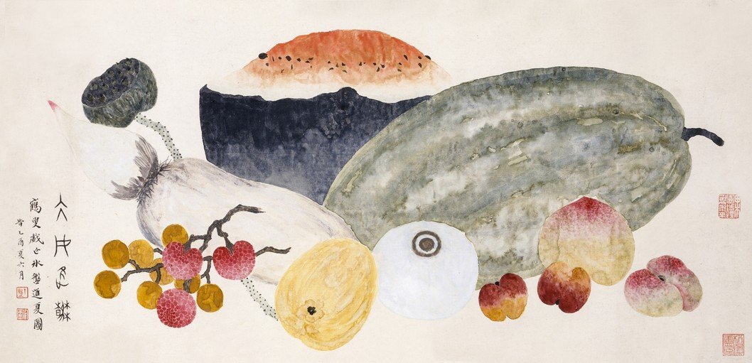 Traditional Chinese Still Life Painting of Fruits and Lotus