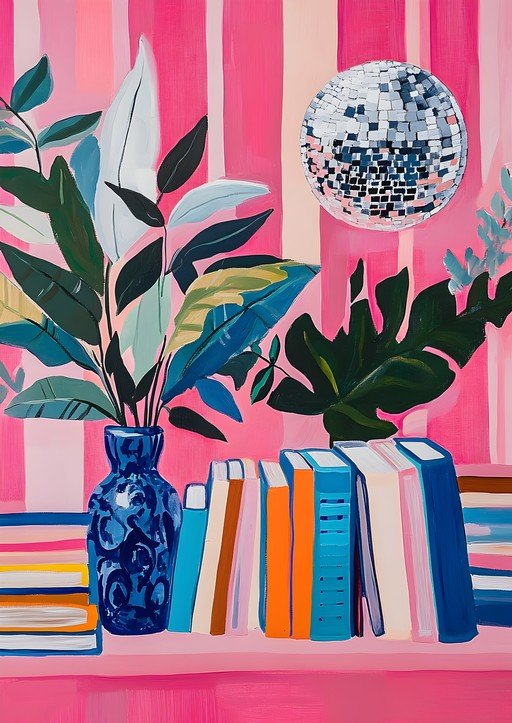 Vibrant Still Life with Disco Ball and Books