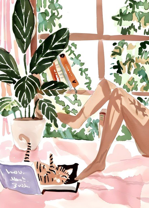 Cozy Reading Nook with Cat and Plant