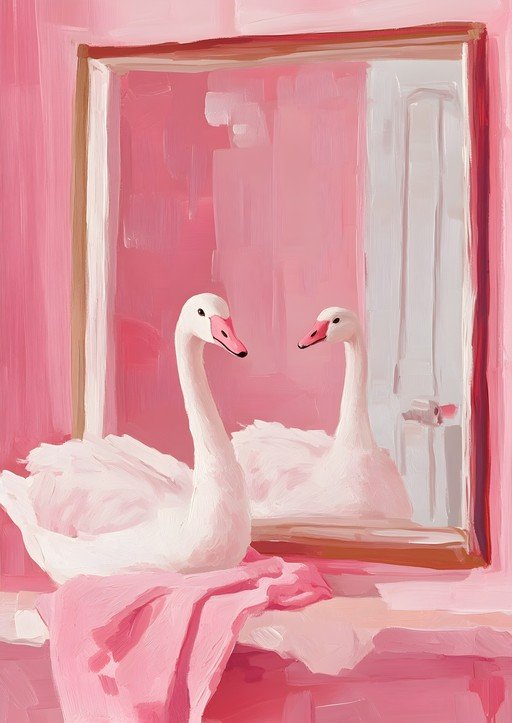 Elegant Swans Reflected in Pink Mirror