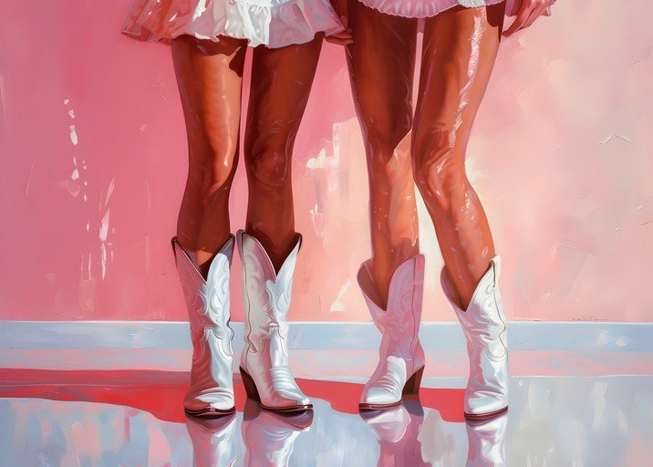 Two Women in White Cowboy Boots and Ruffled Skirts