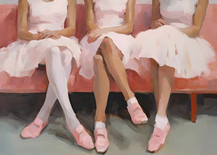 Three Ballerinas in Pink Tutus and Shoes on a Pink Couch