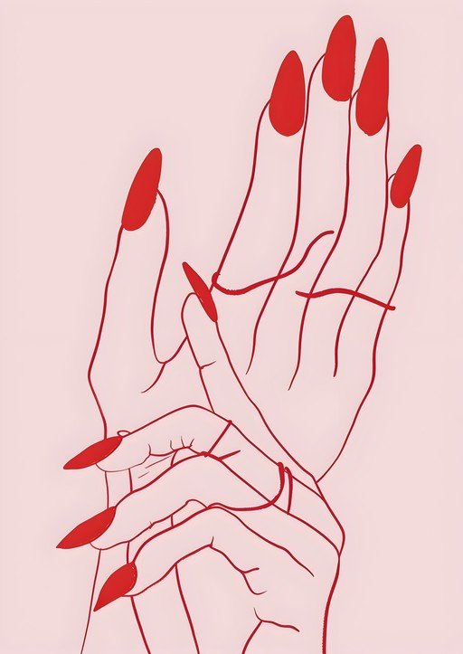 Minimalist Red Hands with Long Nails on Pink Background