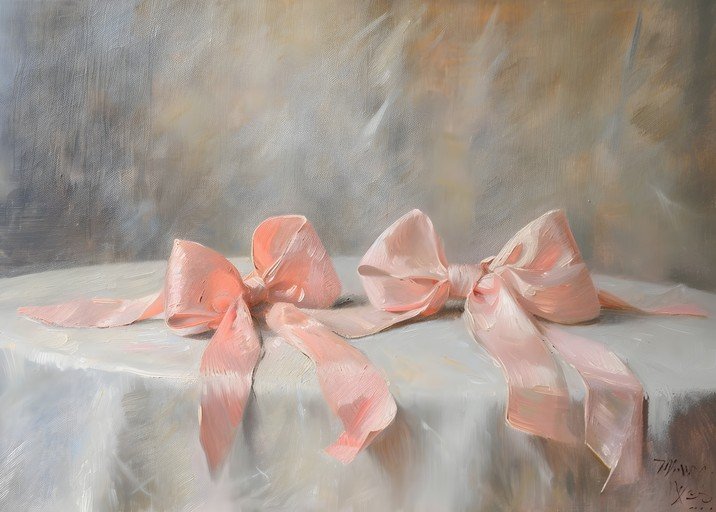 Two Pink Bows on a Tablecloth